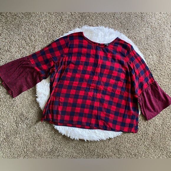 J. Crew Mercantile Plaid Top Womens Size 24 Red Blue Wide Sleeves - Picture 1 of 7